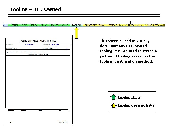 Tooling – HED Owned This sheet is used to visually document any HED owned