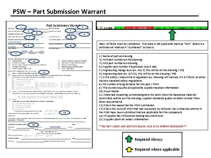 PSW – Part Submission Warrant 1 2 3 4 5 6 8 7 9