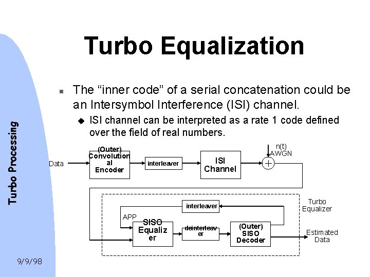 Turbo Equalization Turbo Processing n The “inner code” of a serial concatenation could be