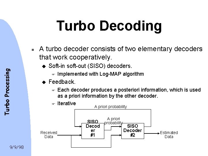 Turbo Decoding Turbo Processing n A turbo decoder consists of two elementary decoders that