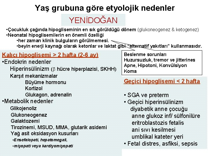 Yaş grubuna göre etyolojik nedenler YENİDOĞAN • Çocukluk çağında hipogliseminin en sık görüldüğü dönem