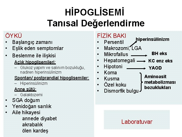 HİPOGLİSEMİ Tanısal Değerlendirme ÖYKÜ FİZİK BAKI • Başlangıç zamanı • Eşlik eden semptomlar •