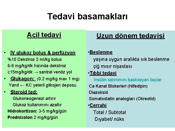 Tedavi basamakları Acil tedavi • IV glukoz bolus & perfüzyon %10 Dekstroz 2 ml/kg