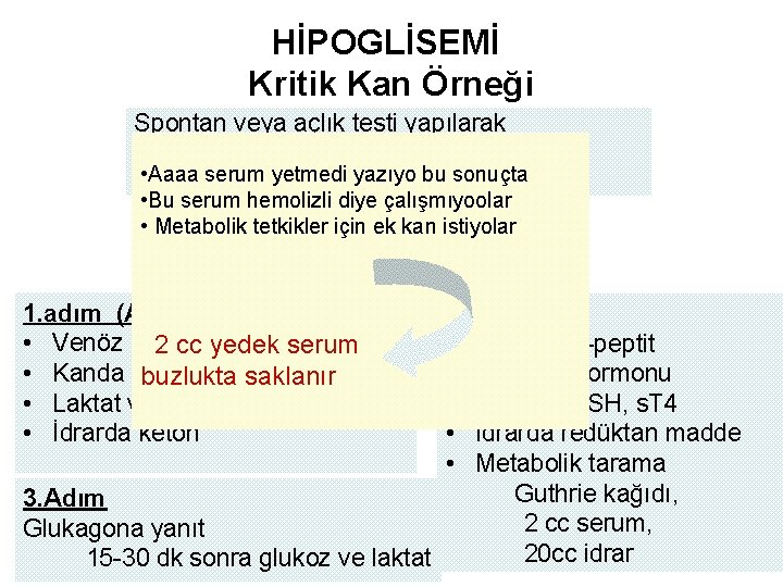 HİPOGLİSEMİ Kritik Kan Örneği Spontan veya açlık testi yapılarak Kapiller kan şekeri ölçümü •