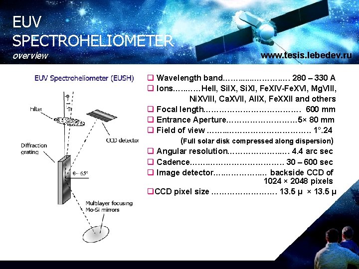 EUV SPECTROHELIOMETER overview www. tesis. lebedev. ru q Wavelength band……. . . . ……….