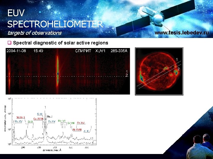 EUV SPECTROHELIOMETER targets of observations q Spectral diagnostic of solar active regions www. tesis.