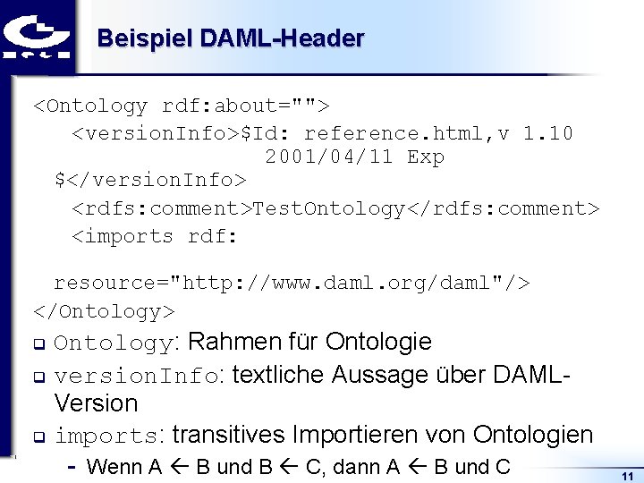 Beispiel DAML-Header <Ontology rdf: about=""> <version. Info>$Id: reference. html, v 1. 10 2001/04/11 Exp