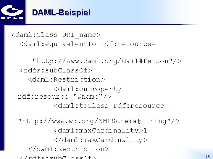 DAML-Beispiel <daml: Class URI_name> <daml: equivalent. To rdf: resource= "http: //www. daml. org/daml#Person"/> <rdfs: