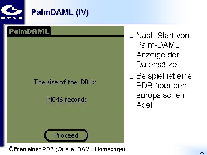 Palm. DAML (IV) Nach Start von Palm DAML Anzeige der Datensätze q Beispiel ist