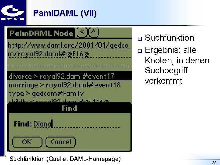 Paml. DAML (VII) Suchfunktion q Ergebnis: alle Knoten, in denen Suchbegriff vorkommt q Suchfunktion