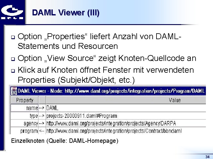 DAML Viewer (III) Option „Properties“ liefert Anzahl von DAML Statements und Resourcen q Option