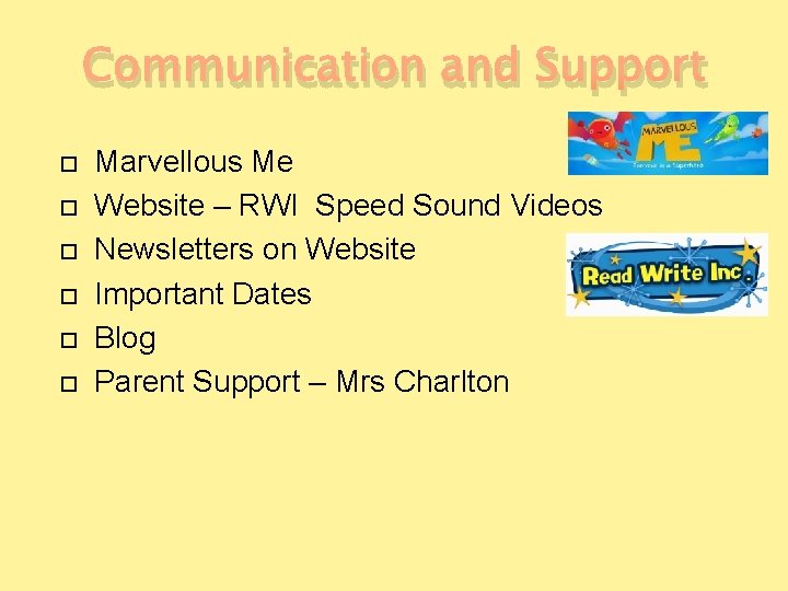 Communication and Support Marvellous Me Website – RWI Speed Sound Videos Newsletters on Website