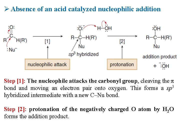 Ø Absence of an acid catalyzed nucleophilic addition Step [1]: The nucleophile attacks the