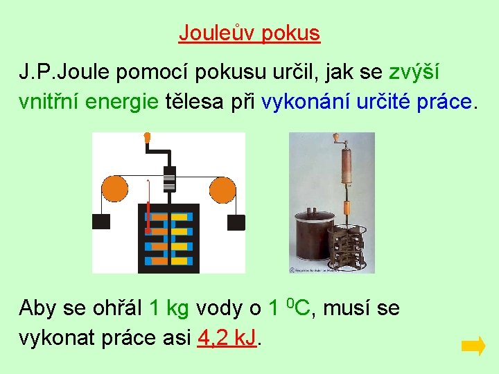 Jouleův pokus J. P. Joule pomocí pokusu určil, jak se zvýší vnitřní energie tělesa