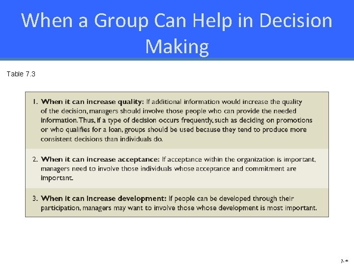 When a Group Can Help in Decision Making Table 7. 3 7 -* 