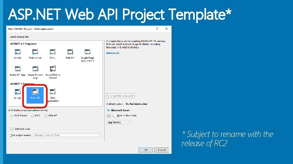 ASP. NET Web API Project Template* * Subject to rename with the release of