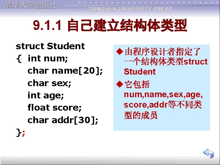 9. 1. 1 自己建立结构体类型 struct Student { int num; char name[20]; char sex; int