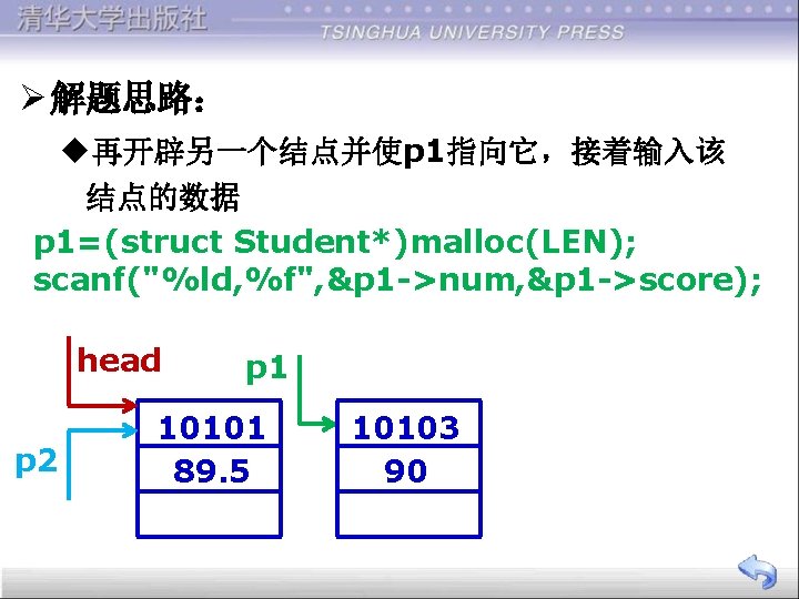 Ø 解题思路： u再开辟另一个结点并使p 1指向它，接着输入该 结点的数据 p 1=(struct Student*)malloc(LEN); scanf("%ld, %f", &p 1 ->num, &p