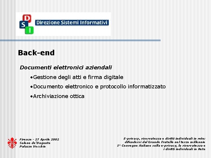 Back-end Documenti elettronici aziendali • Gestione degli atti e firma digitale • Documento elettronico