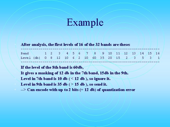 Example • After analysis, the first levels of 16 of the 32 bands are