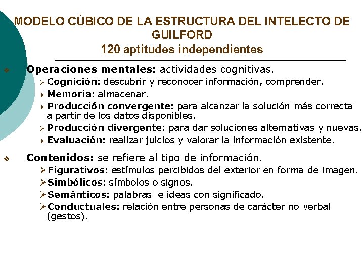 MODELO CÚBICO DE LA ESTRUCTURA DEL INTELECTO DE GUILFORD 120 aptitudes independientes v Operaciones MODELO CÚBICO DE LA ESTRUCTURA DEL INTELECTO DE GUILFORD 120 aptitudes independientes v Operaciones