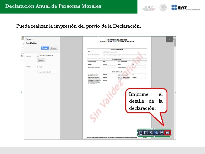 Declaración Anual de Personas Morales Puede realizar la impresión del previo de la Declaración.