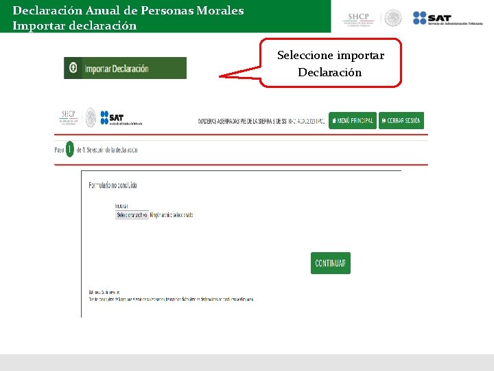 Declaración Anual de Personas Morales Importar declaración Seleccione importar Declaración 