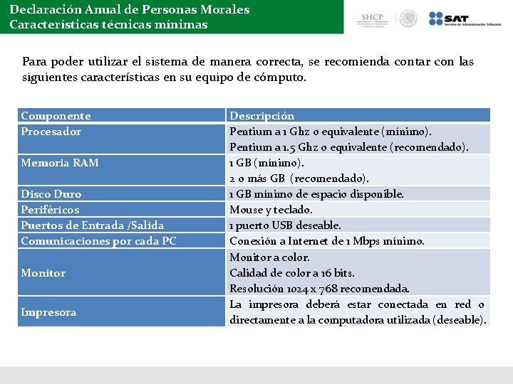 Declaración Anual de Personas Morales Características técnicas mínimas Para poder utilizar el sistema de