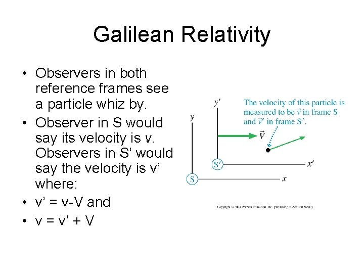 Galilean Relativity • Observers in both reference frames see a particle whiz by. •