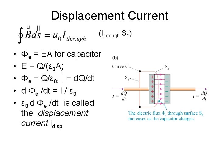 Displacement Current (Ithrough S 1) • • • Φe = EA for capacitor E