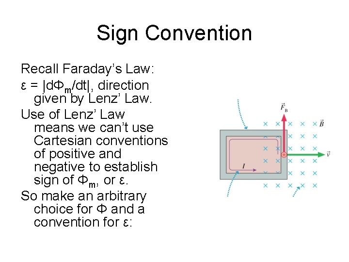 Sign Convention Recall Faraday’s Law: ε = |dΦm/dt|, direction given by Lenz’ Law. Use