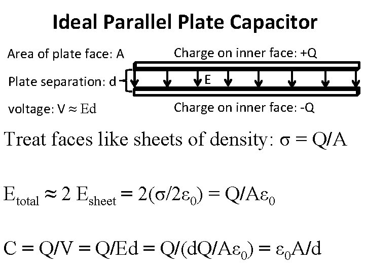 Ideal Parallel Plate Capacitor Area of plate face: A Plate separation: d voltage: V