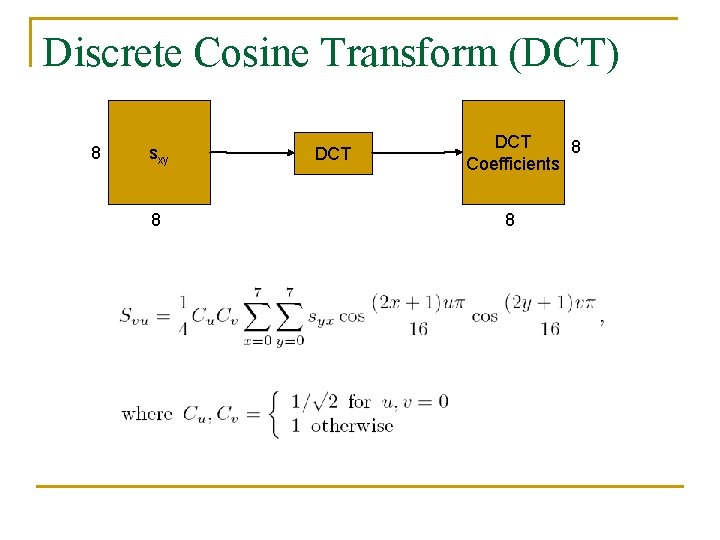 Discrete Cosine Transform (DCT) 8 sxy 8 DCT 8 Coefficients 8 