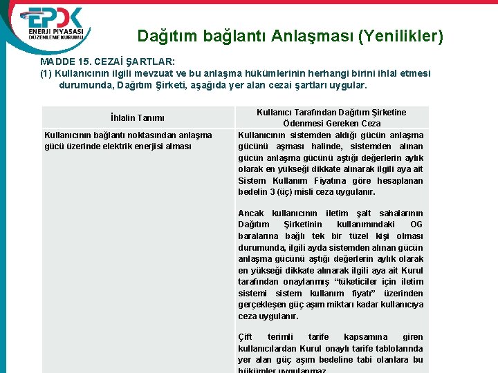 Dağıtım bağlantı Anlaşması (Yenilikler) MADDE 15. CEZAİ ŞARTLAR: (1) Kullanıcının ilgili mevzuat ve bu