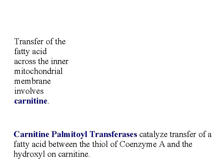 Transfer of the fatty acid across the inner mitochondrial membrane involves carnitine. Carnitine Palmitoyl