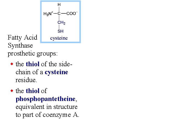 Fatty Acid Synthase prosthetic groups: w the thiol of the sidechain of a cysteine