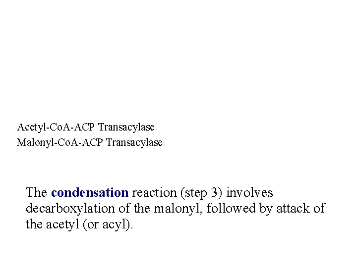 Acetyl-Co. A-ACP Transacylase Malonyl-Co. A-ACP Transacylase The condensation reaction (step 3) involves decarboxylation of