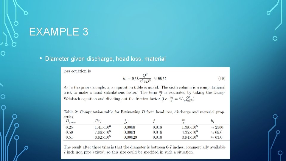 EXAMPLE 3 • Diameter given discharge, head loss, material 