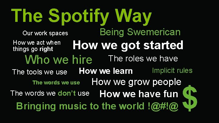 The Spotify Way Being Swemerican Our work spaces How we got started Who we