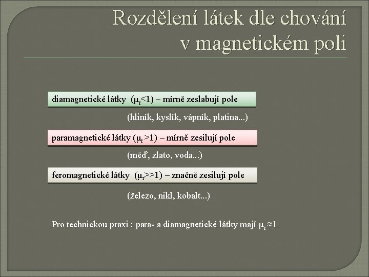 Rozdělení látek dle chování v magnetickém poli diamagnetické látky (μr<1) – mírně zeslabují pole Rozdělení látek dle chování v magnetickém poli diamagnetické látky (μr<1) – mírně zeslabují pole