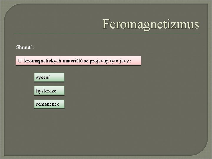 Feromagnetizmus Shrnutí : U feromagnetických materiálů se projevují tyto jevy : sycení hystereze remanence