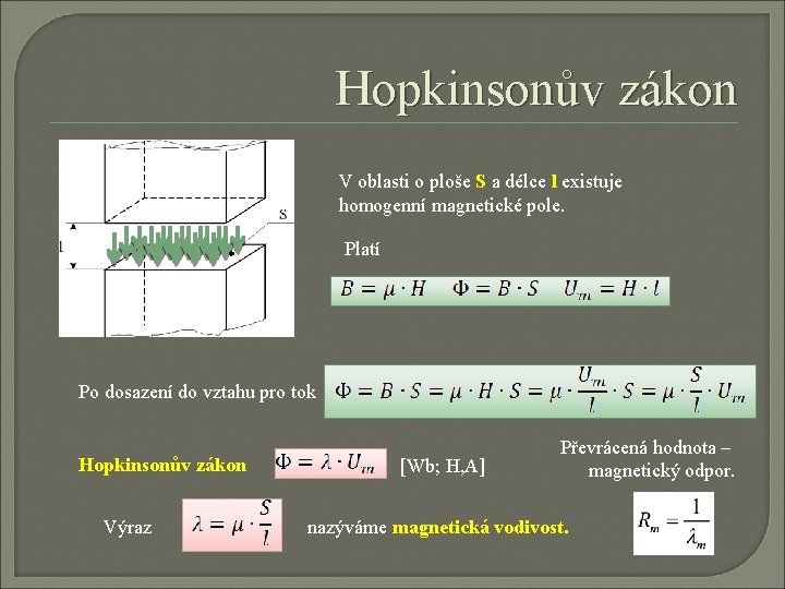 Hopkinsonův zákon V oblasti o ploše S a délce l existuje homogenní magnetické pole. Hopkinsonův zákon V oblasti o ploše S a délce l existuje homogenní magnetické pole.
