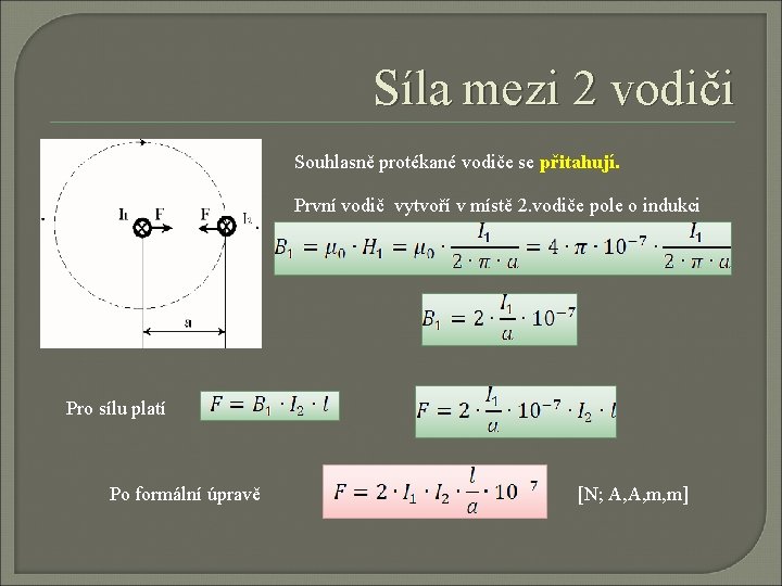 Síla mezi 2 vodiči Souhlasně protékané vodiče se přitahují. První vodič vytvoří v místě