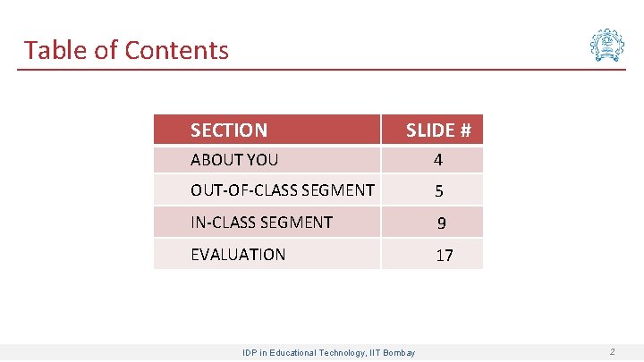 Table of Contents SECTION SLIDE # ABOUT YOU OUT-OF-CLASS SEGMENT IN-CLASS SEGMENT EVALUATION 4