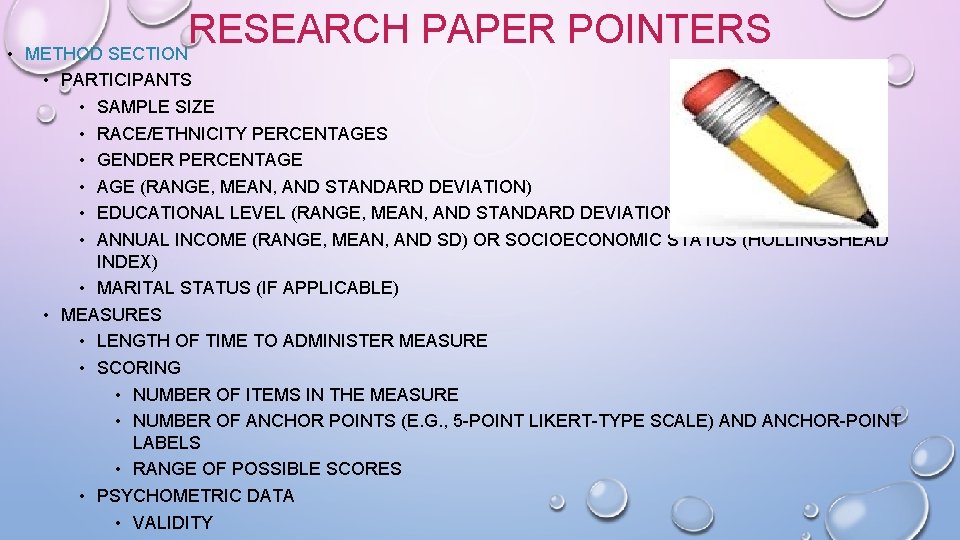 RESEARCH PAPER POINTERS • METHOD SECTION • PARTICIPANTS • SAMPLE SIZE • RACE/ETHNICITY PERCENTAGES