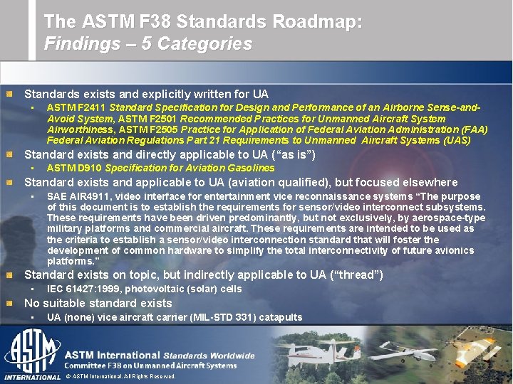 The ASTM F 38 Standards Roadmap: Findings – 5 Categories Standards exists and explicitly The ASTM F 38 Standards Roadmap: Findings – 5 Categories Standards exists and explicitly