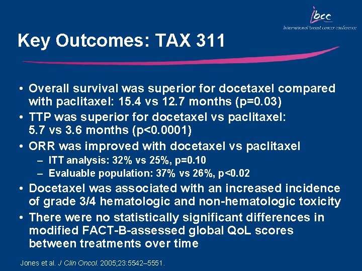 Key Outcomes: TAX 311 • Overall survival was superior for docetaxel compared with paclitaxel: