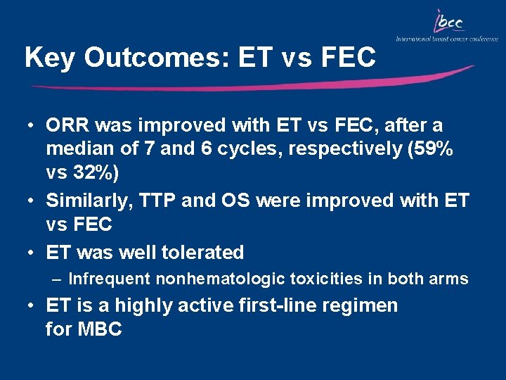 Key Outcomes: ET vs FEC • ORR was improved with ET vs FEC, after