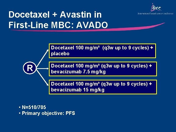 Docetaxel + Avastin in First-Line MBC: AVADO Docetaxel 100 mg/m² (q 3 w up