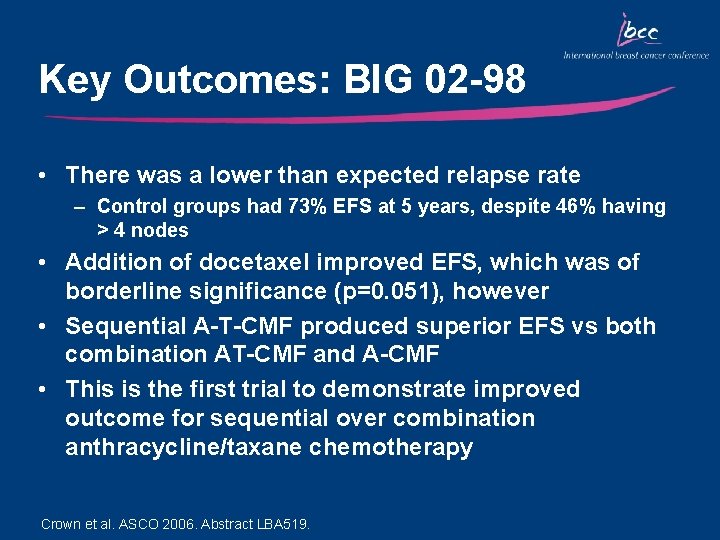 Key Outcomes: BIG 02 -98 • There was a lower than expected relapse rate